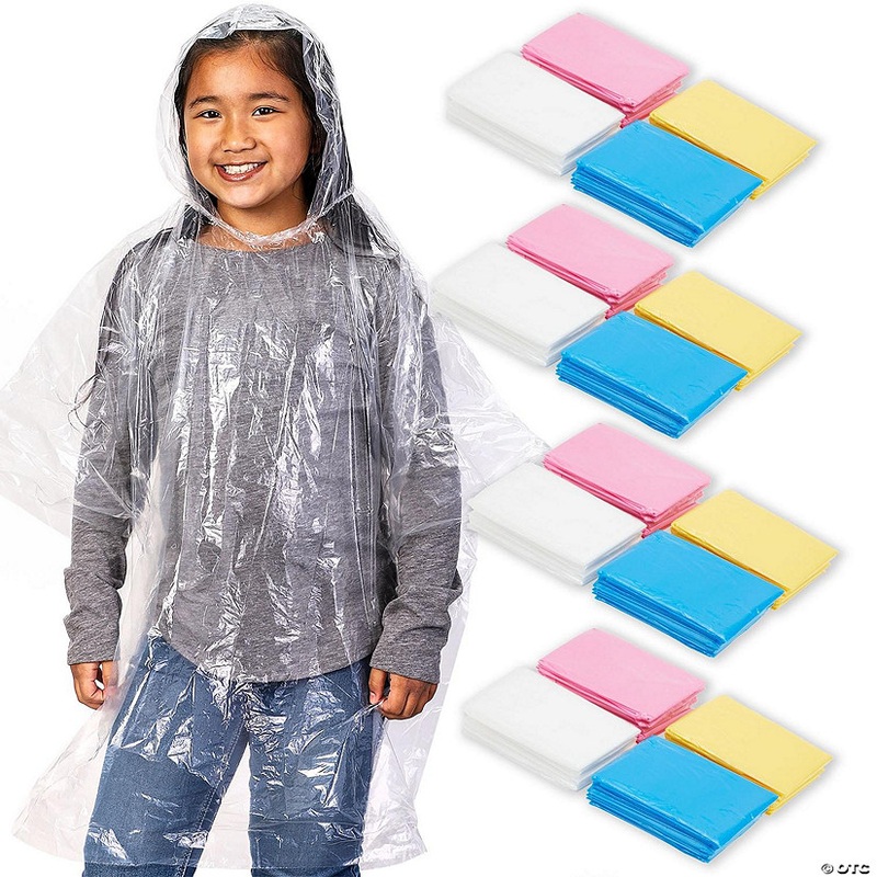 20-Pack Disposable Rain Ponchos for Kids – Emergency Raincoats with Hood for Boys and Girls (4 Colors, Clear)