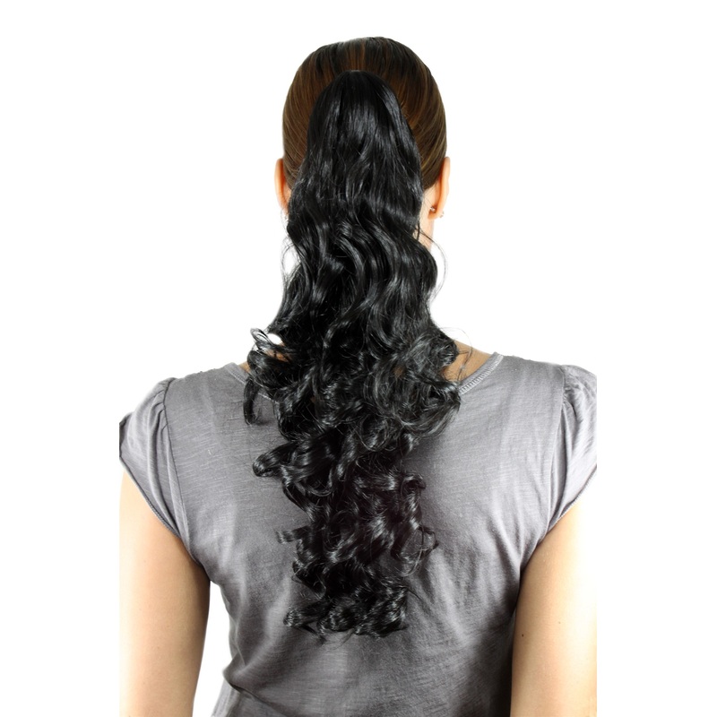 Hairpiece Ponytail Extension clamp long curls curled off black NC-218-2