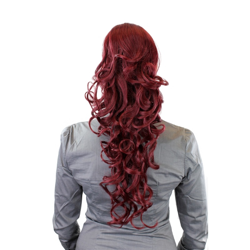 Hairpiece Ponytail clamp combs draw string long curled curls volume garnet red WK08-39