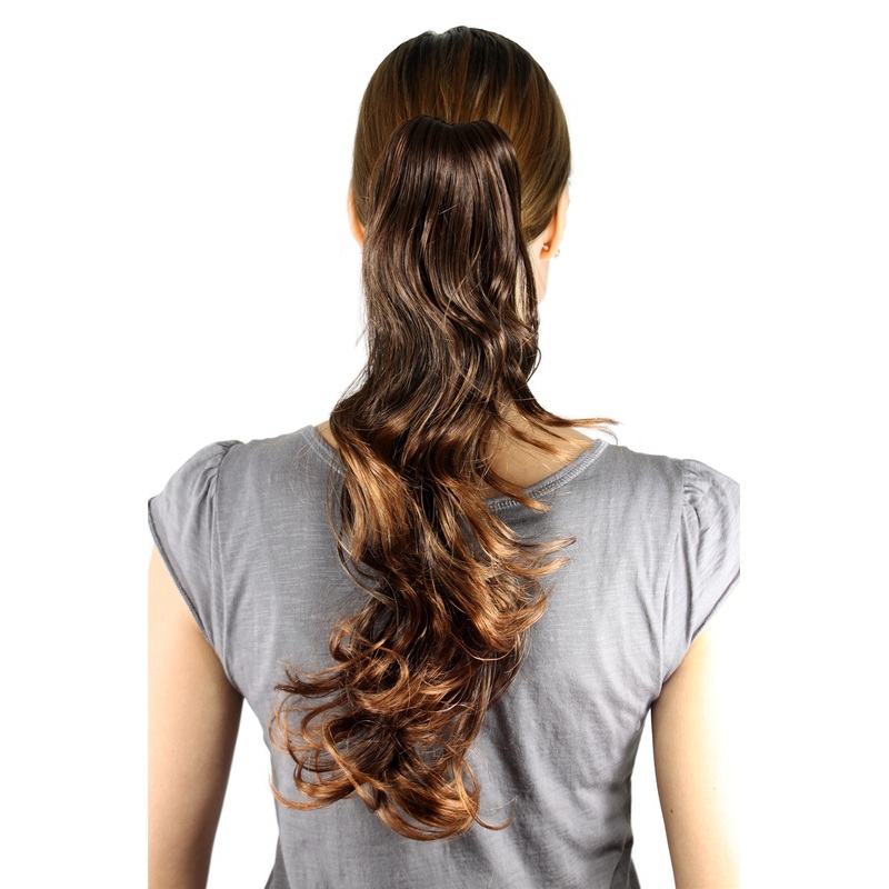 Hairpiece Ponytail long wavy chestnut brown mix extension butterfly clamp T148M-2T30