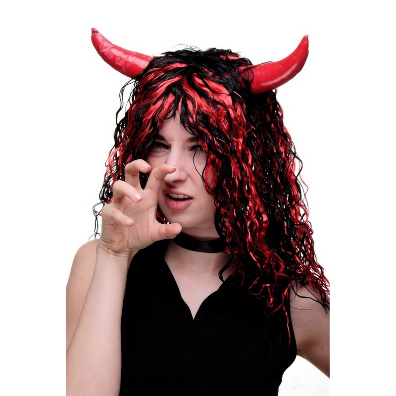 Lady wig seductive She-Devil devil demon horns long black red strands 4044