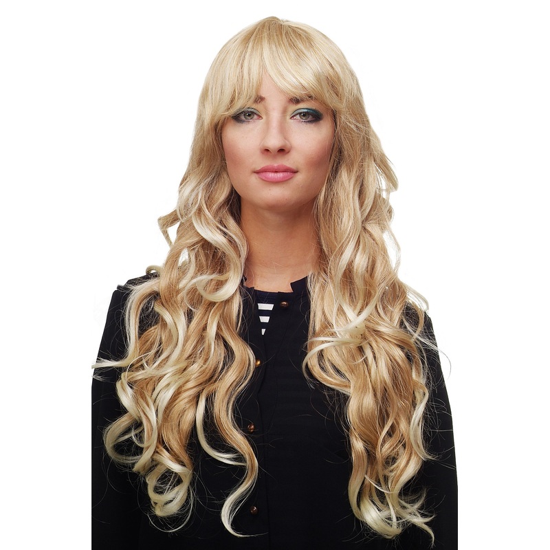 Lady women wig very long wavy fringe for side parting blond platinum mix 9204S