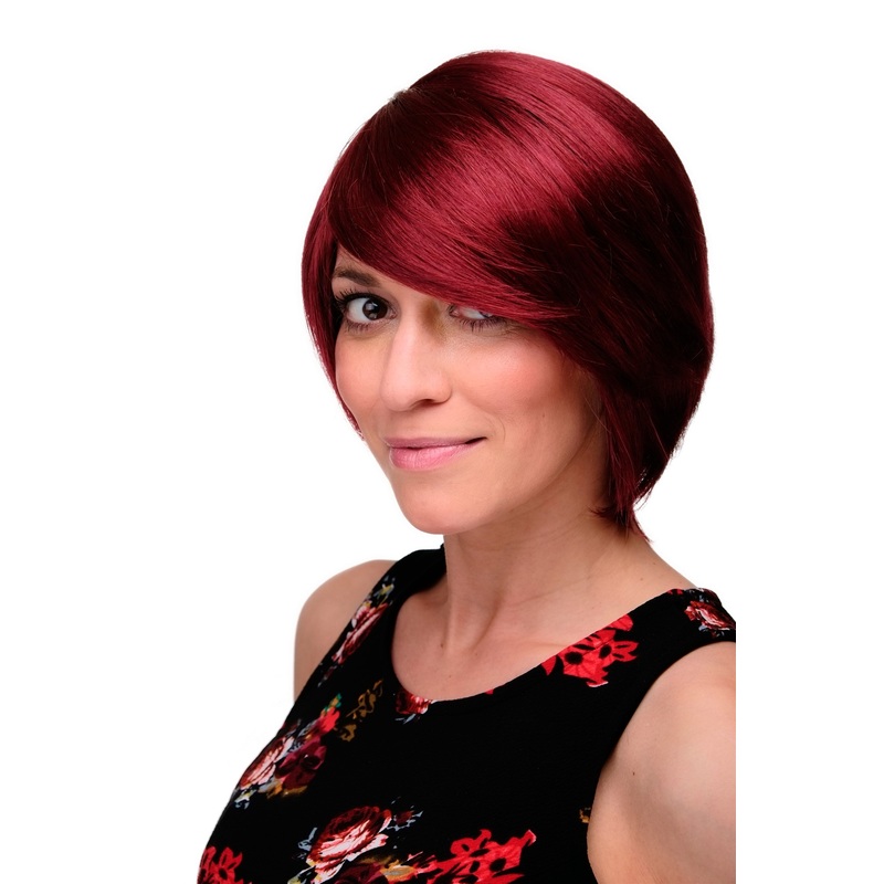 Lady women wig short long bob page long fringe parted to side garnet red 6082