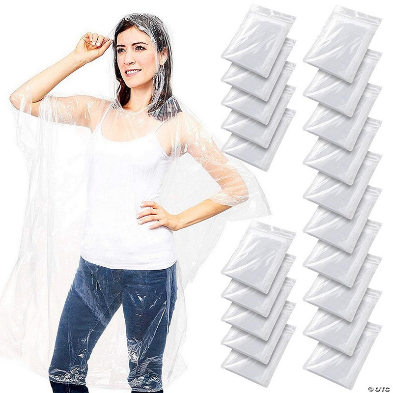 20 Pack Disposable Rain Ponchos Family Pack, Emergency Ponchos with Hood, Clear Plastic, One Size Fits All