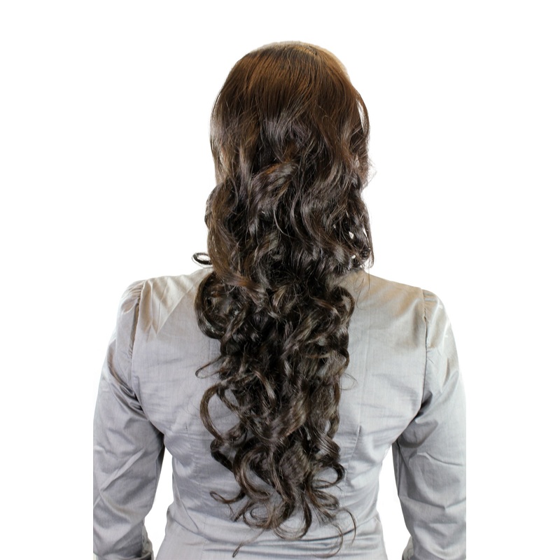 Hairpiece Ponytail combs & draw string curled curls very long dark brown WK03-4