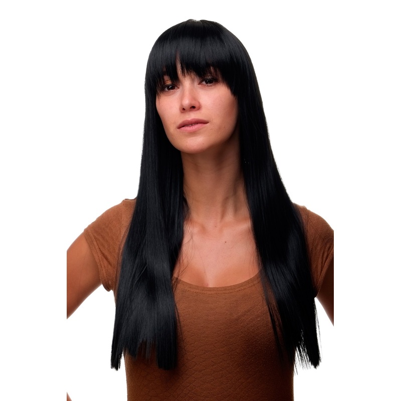 Lady Women Wig long straight sleek fringe bangs deep black GFW373