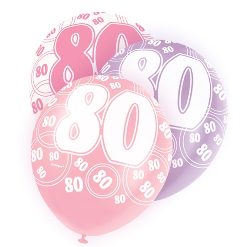 Mix of 6 80th birthday balloons pink