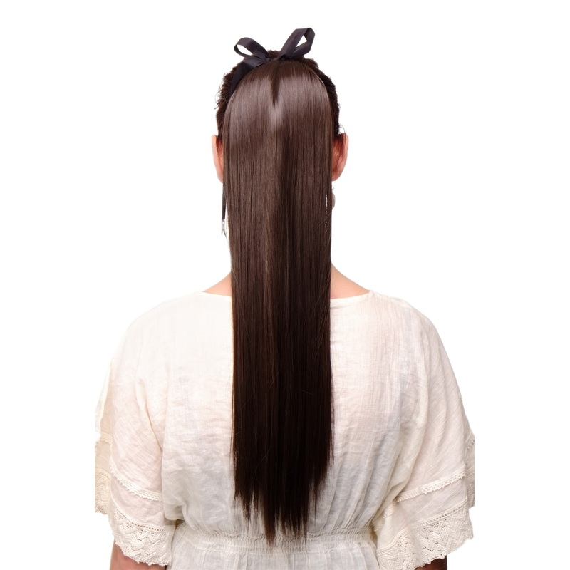 Ponytail comb & ribbon wrap-around hair extension long straight brown C9429