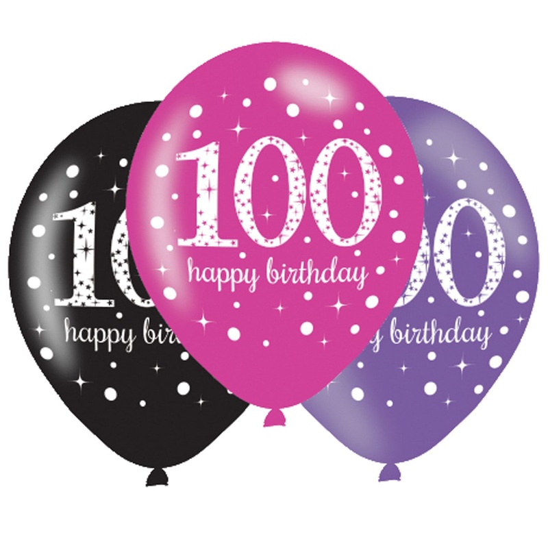 6 pink 100th birthday balloons 27.5cm