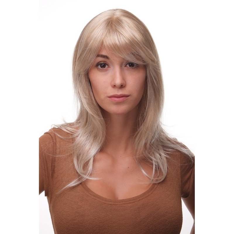 Lady wig blonde mix platinum layered straight medium length fringe parted 4038