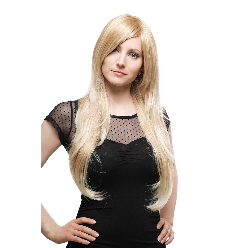 Lady wig medium length long fringe worn to side straight layered blond mix 3110