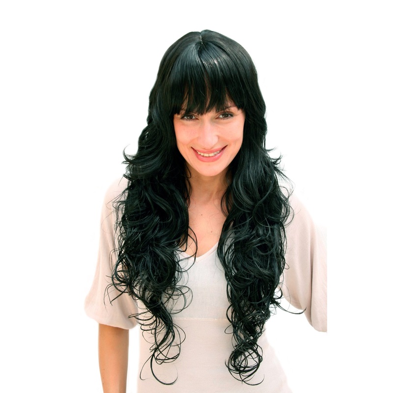 Lady women wig very long voluminous black curls curled curly fringe 4306
