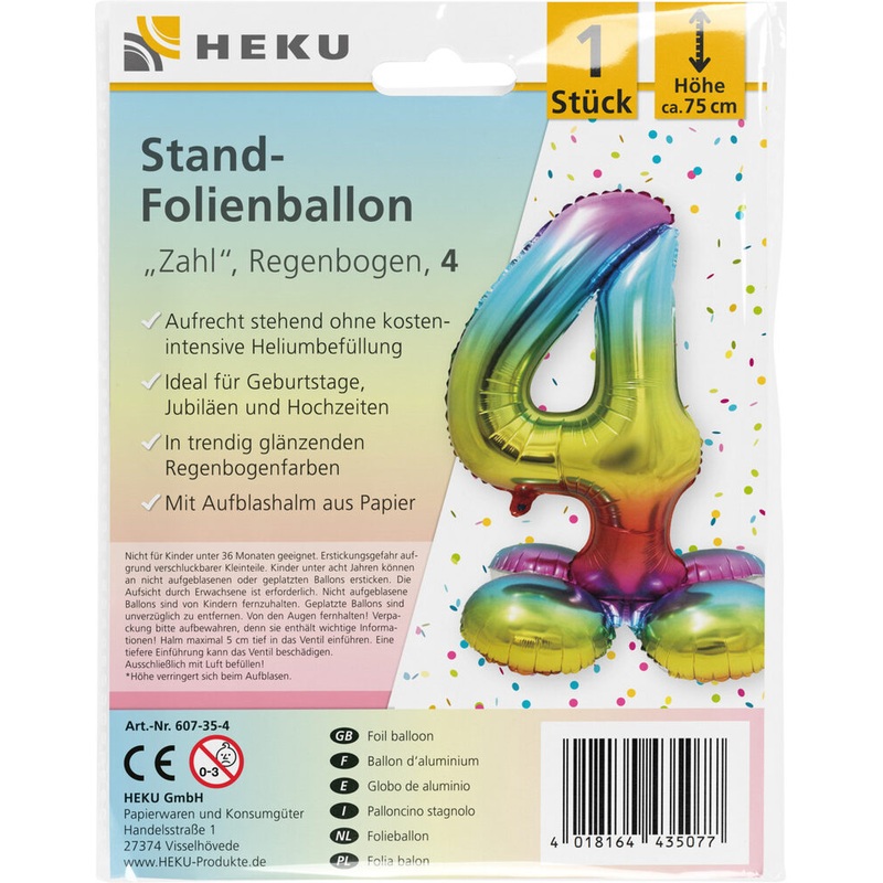 Stand Folienballon Regenbogen Zahl 4 75cm