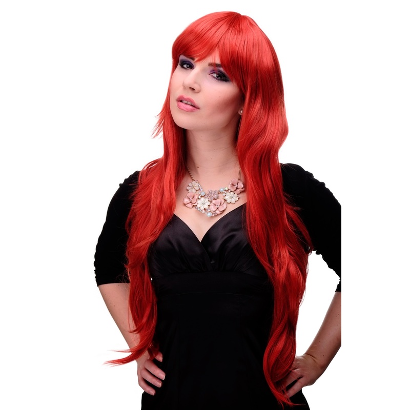Lady women wig extremely long volume layered finge bangs bright red 6311