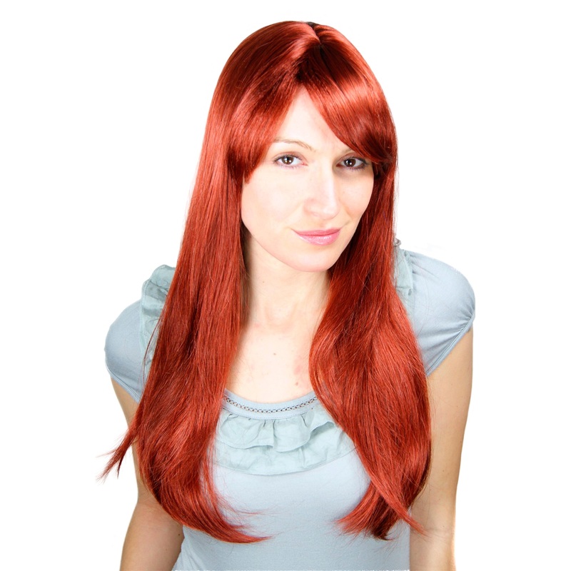 Lady women wig fringe parted straight long dark copper red 3115