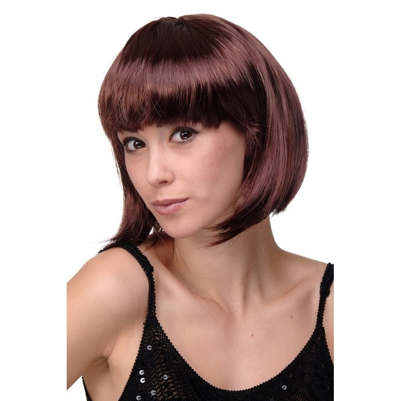 Party Halloween lady women wig Bob fringe bangs short mahogany brown PW0114