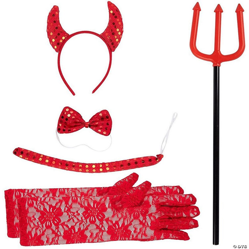 Set of 5 Kids Devil Accessories with Headband Bowtie Tail Pitchfork Gloves, Halloween Children Costume, Girls Ages 6-14