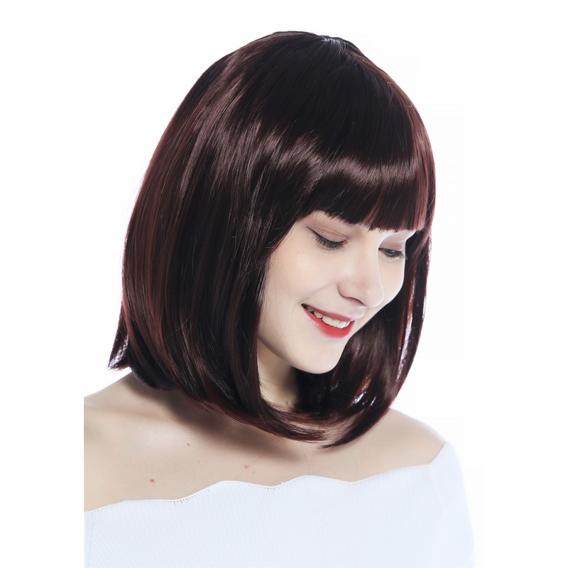 Wig Ladies Women Halloween longbob short bangs smooth mahogany brown CW-052