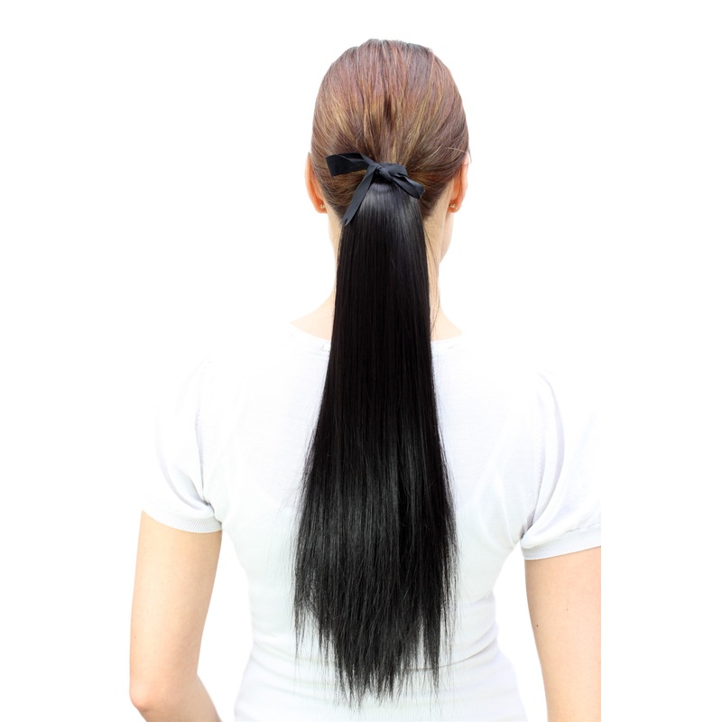 Ponytail comb & ribbon wrap-around hair extension long straight off black C9428