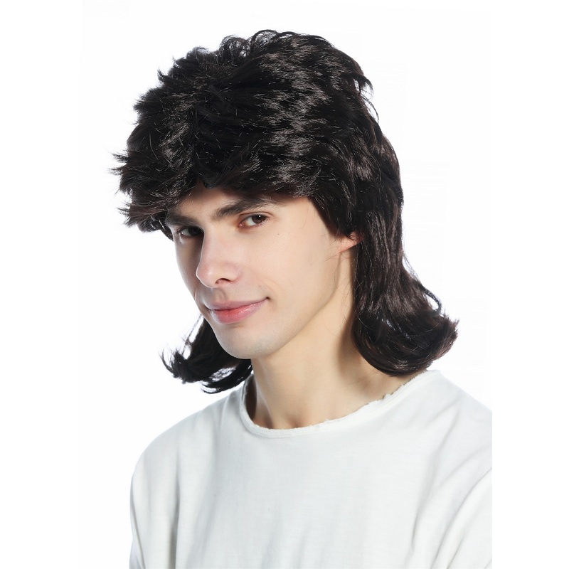 Wig long straight teased top mullet dark brown 80s Hardrock Heavy Metal CW-033