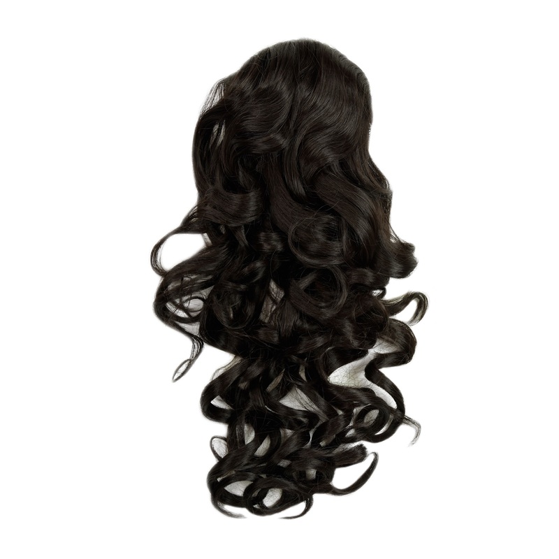 Hairpiece Ponytail combs & draw string curled curls very long dark brown WK03-3