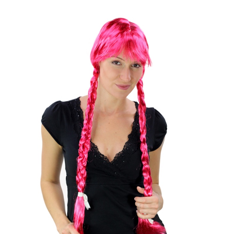 Lady party wIG Gothic Lolita Cosplay Bavarian Girl Heidi 2 long braids pink PW0094