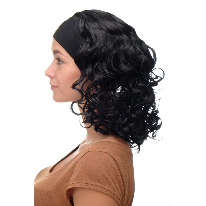 Lady wig fixed black head band shoulder length voluminous curled black BRO-704