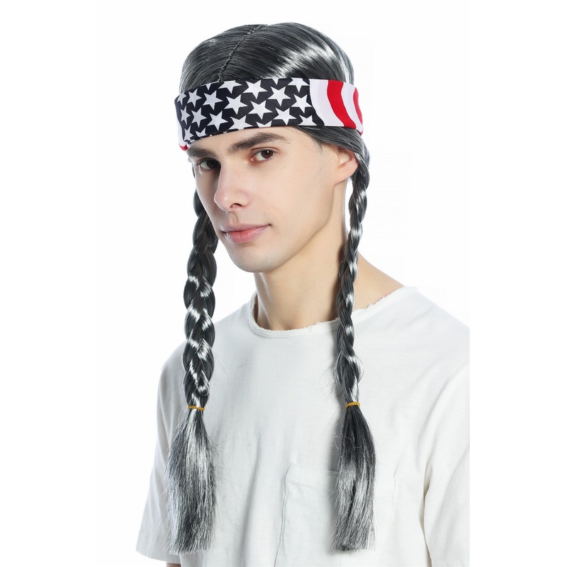 Wig & bandaba set long braided braids black with grey Old Biker 70s retro CW-021