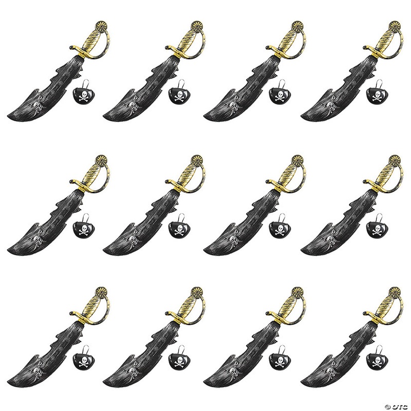 18 Black Plastic Pirate Swords with Black & White Plastic Eye Patch- 12 Pc.