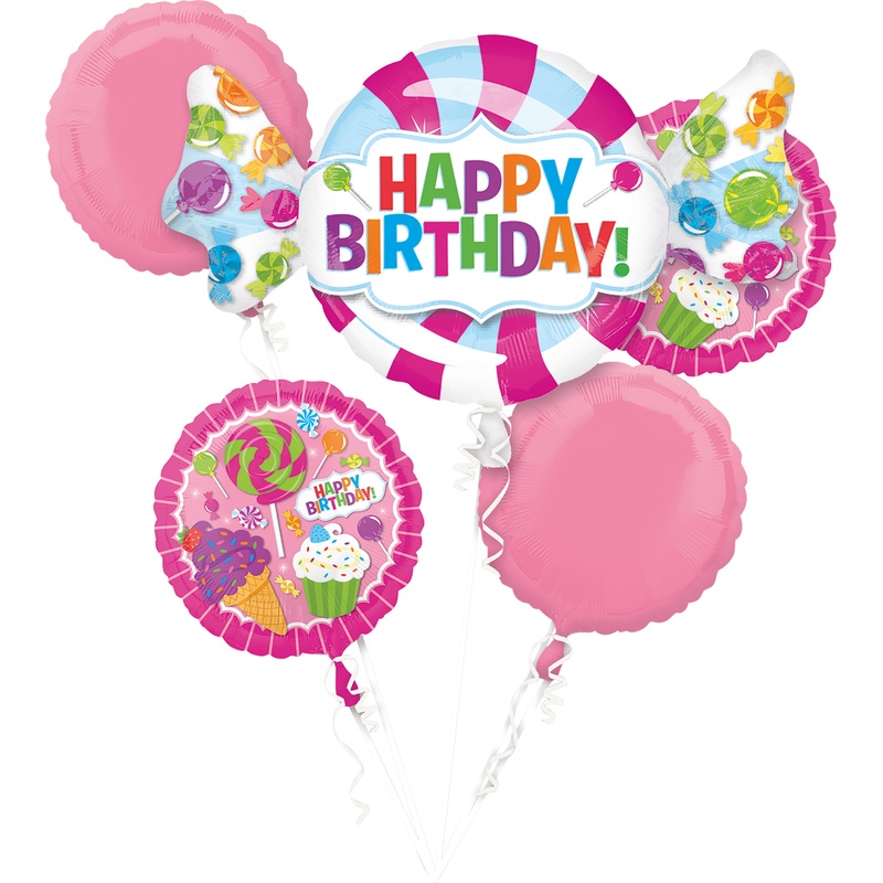 5 foil balloons in candy birthday design