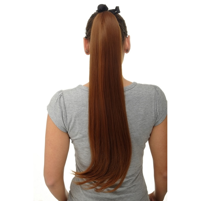 Hairpiece Ponytail comb & ribbon wrap-around long straight copper brown D13001