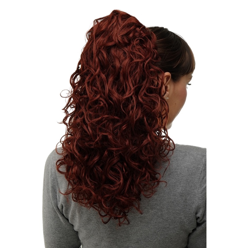 Hairpiece Ponytail combs & draw string long curls curled dark red auburn NC002-35