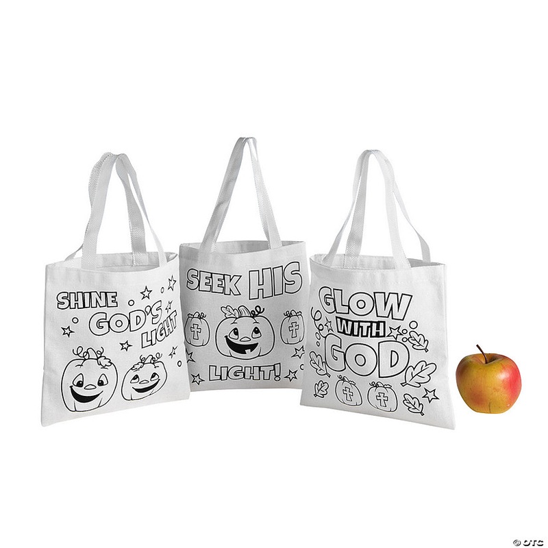 Color Your Own Mini Christian Pumpkin Canvas Tote Bags – 12 Pc.