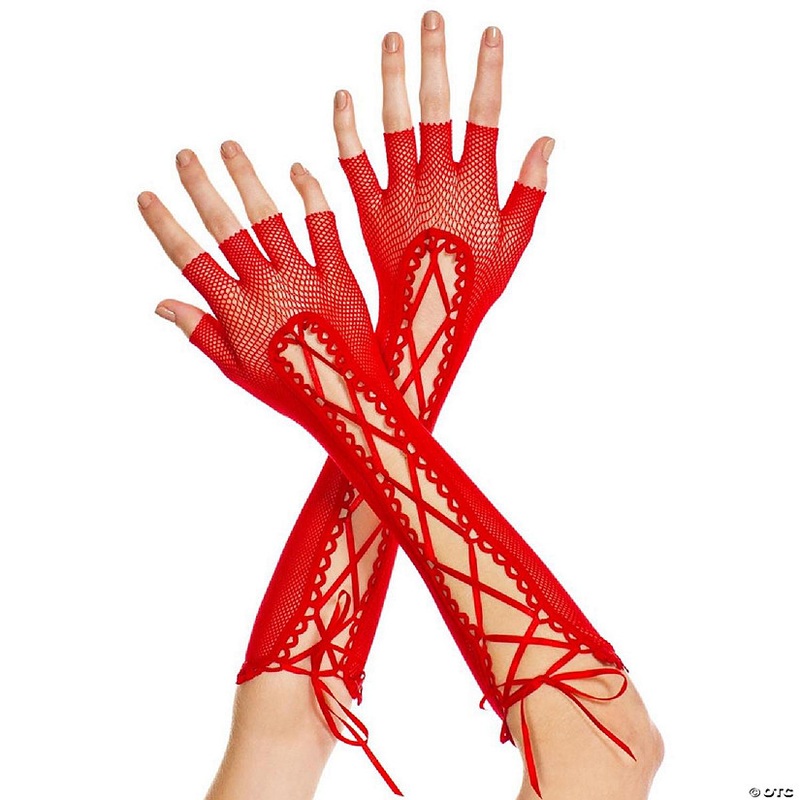 Music Legs 433-RED Fingerless Lace Up Fishnet Elbow Length Warmers Gloves – Red