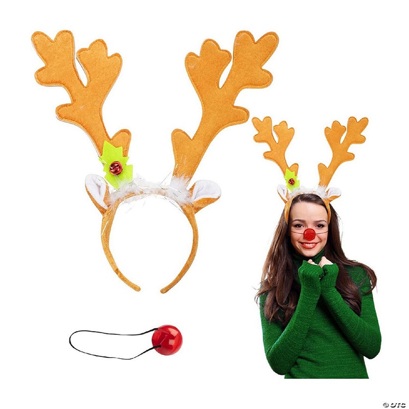 SCS Direct Reindeer Antlers Headband w Light Up Nose Costume Deer Outfit for Adult Men Women, Kids Party Favor Gift Exchange, One Size Fits All