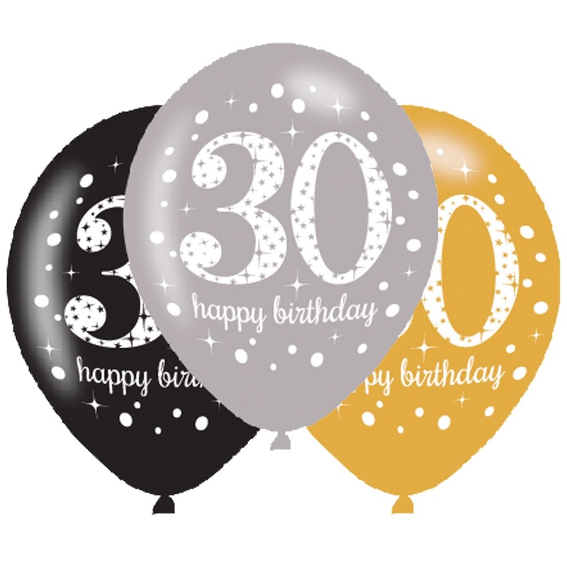 6 golden 30th birthday balloons 27.5cm