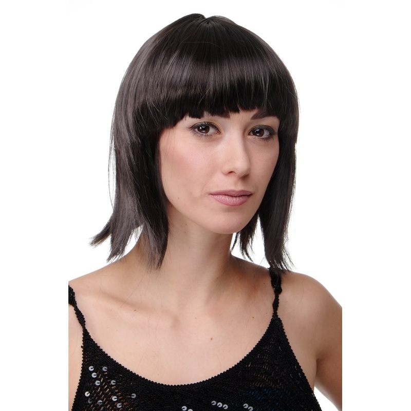 Party Halloween Disco lady women wig Bob fringe bangs short dark brown PW0114