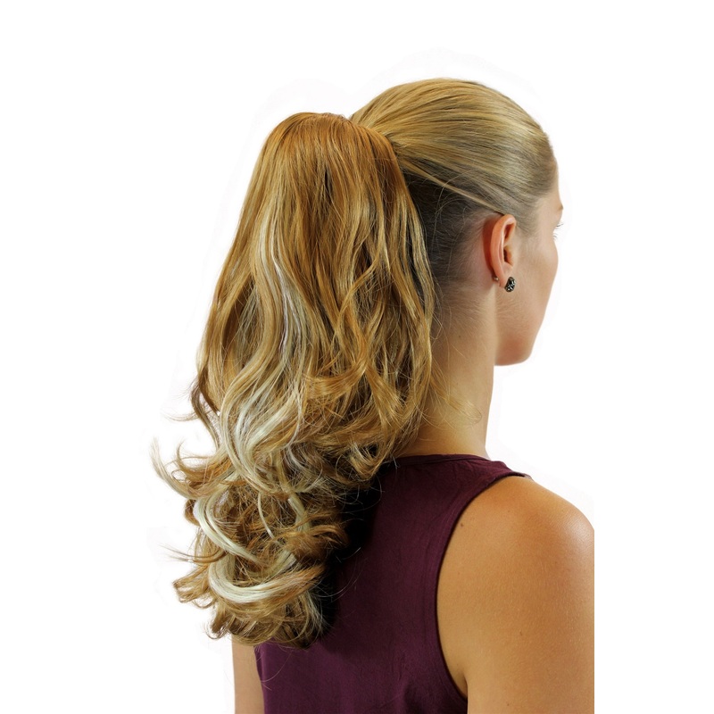 Ponytail Hairpiece extension medium length wavy blond bright highlights JL-0058