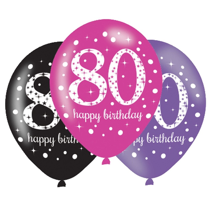 6 pink 80th birthday balloons 27.5cm