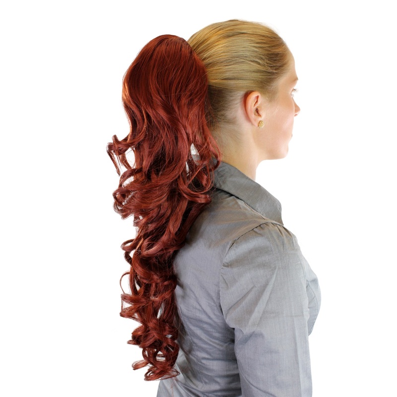 Hairpiece Ponytail combs & draw string curled curls very long dark red WK03-35