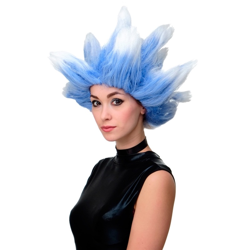 Lady Man Party Fan Wig blue white North Wind Winter Storm Ice teased up LM19