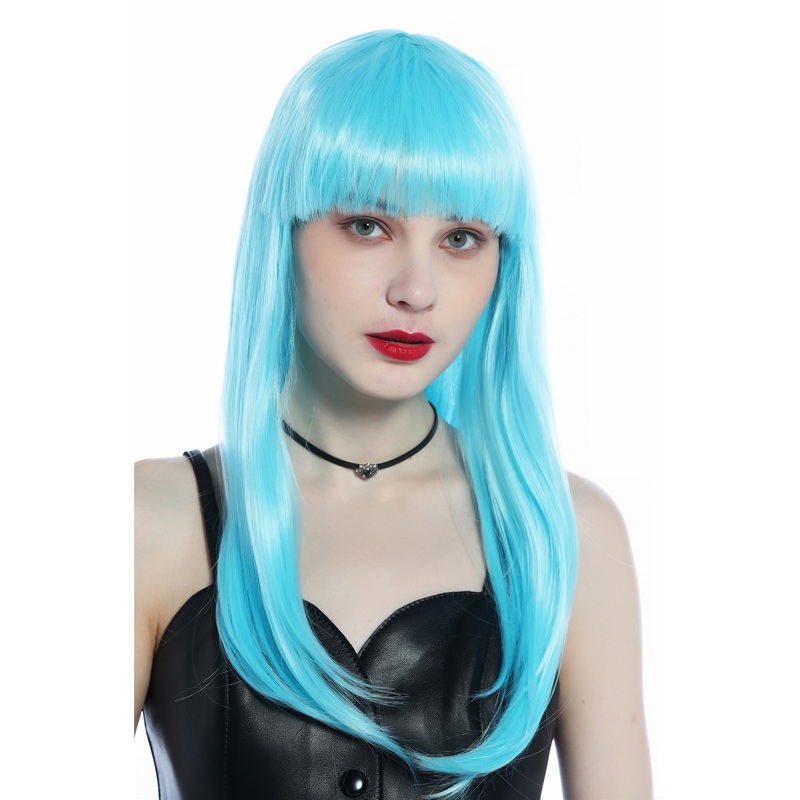 Wig Lady Women Halloween long smooth sleek bangs light blue disco CW-053