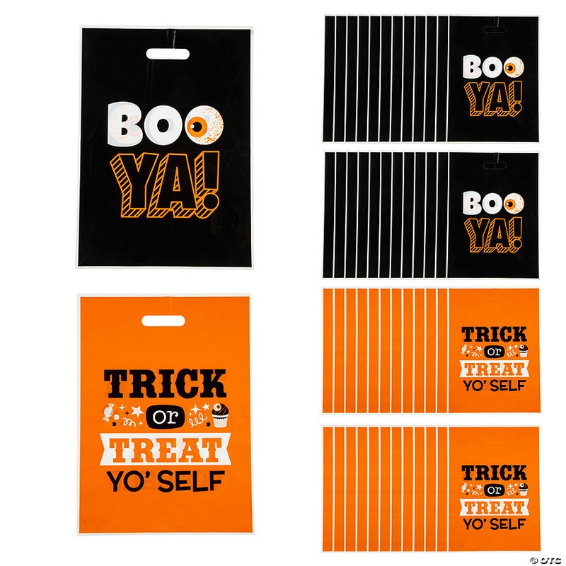 12-1/2 x 17 Bulk 50 Pc. Halloween Funny Sayings  Trick-or-Treat Plastic Goody Bags