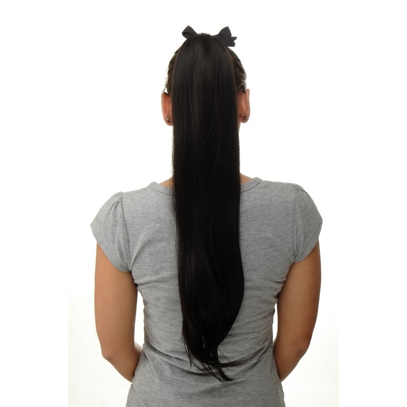 Hairpiece Ponytail comb & ribbon wrap-around long straight dark brown D13001