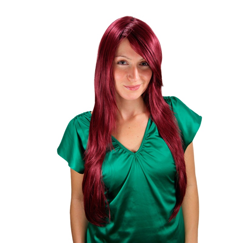 Lady wig medium length long fringe worn to side straight layered garnet red 3110