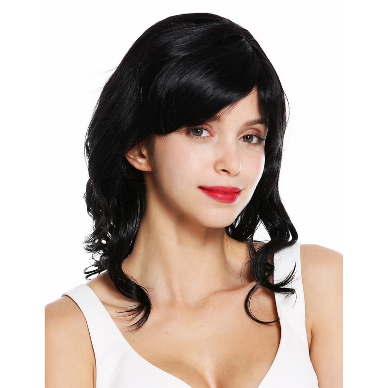 Lady women wig wavy slightly stringy wet look fringe bangs parted off black 5019