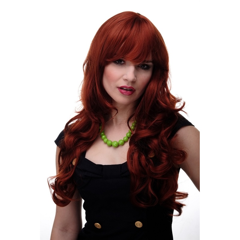 Lady wig very long curling tips straight top fringe bangs dark copper red 285