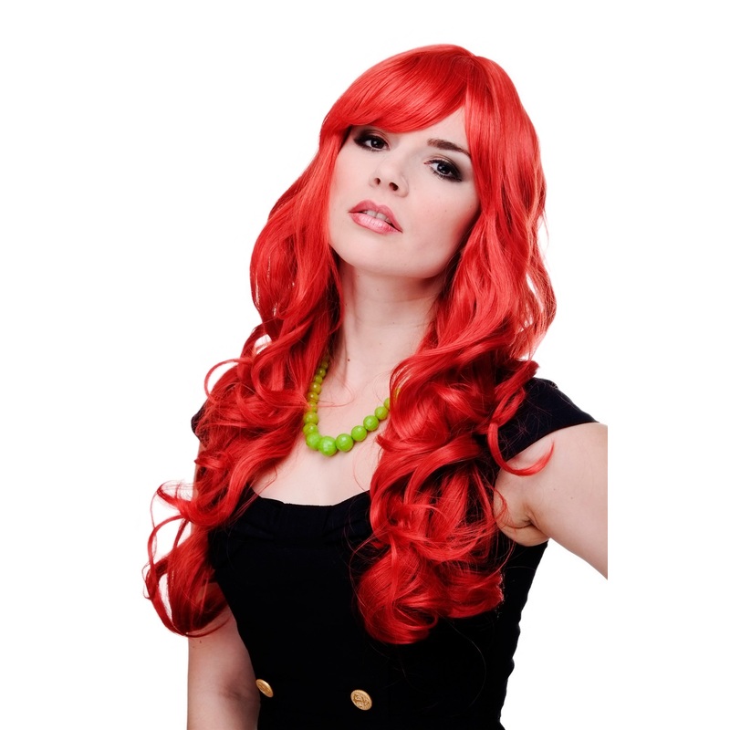 Lady women wig very long curling tips straight top fringe bangs bright red 285
