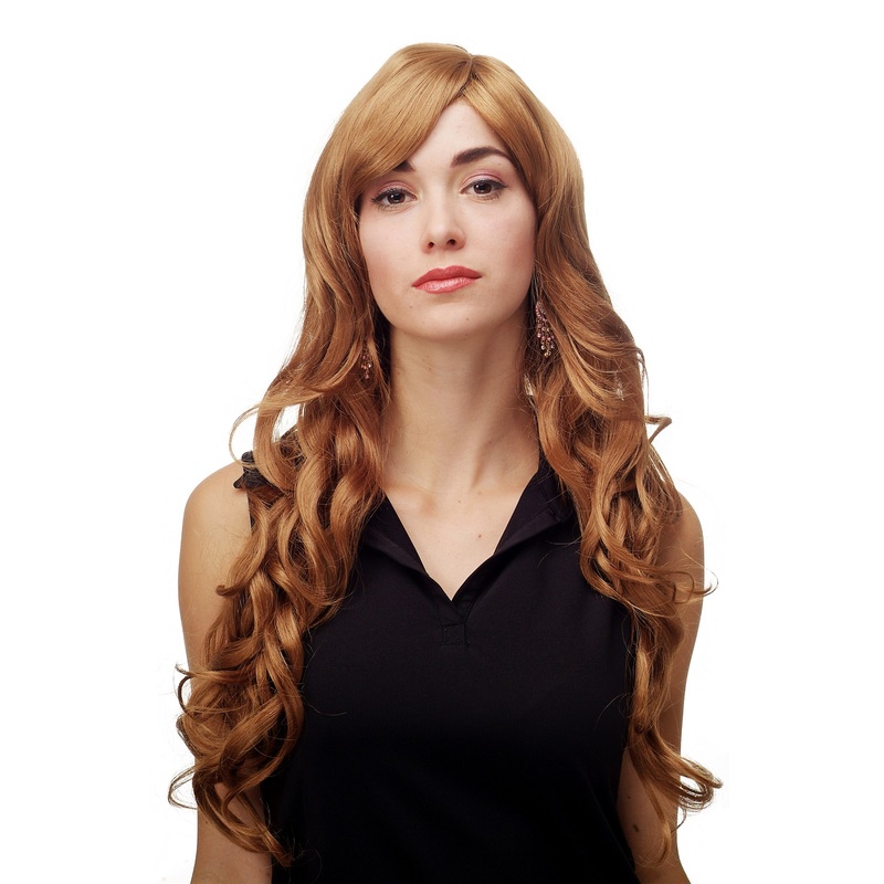 Lady women wig very long wavy fringe for side parting strawberry blonde 9204S