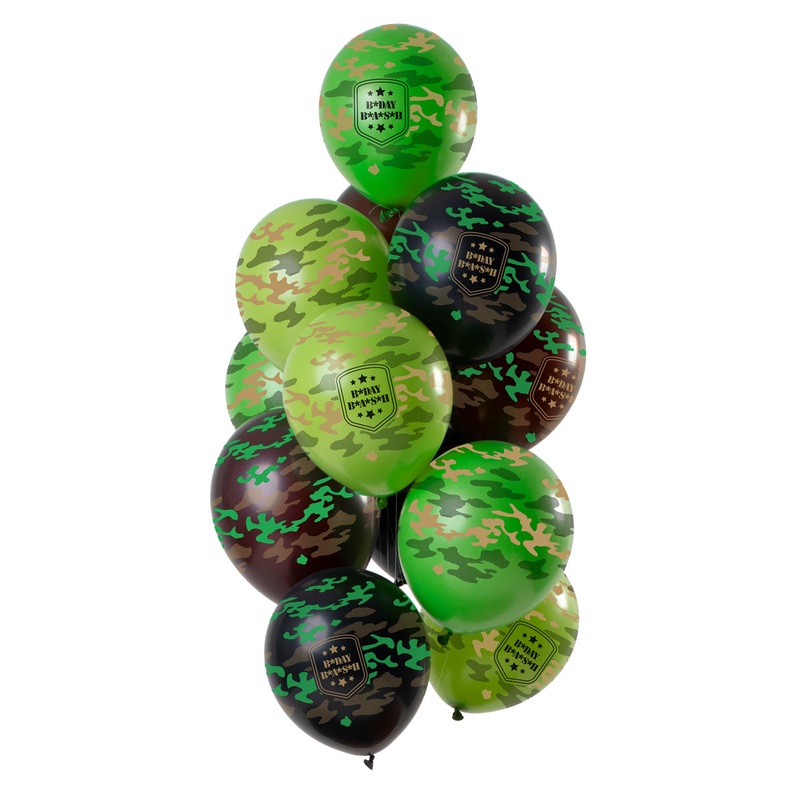 12 Happy Bday latex balloons camouflage colors